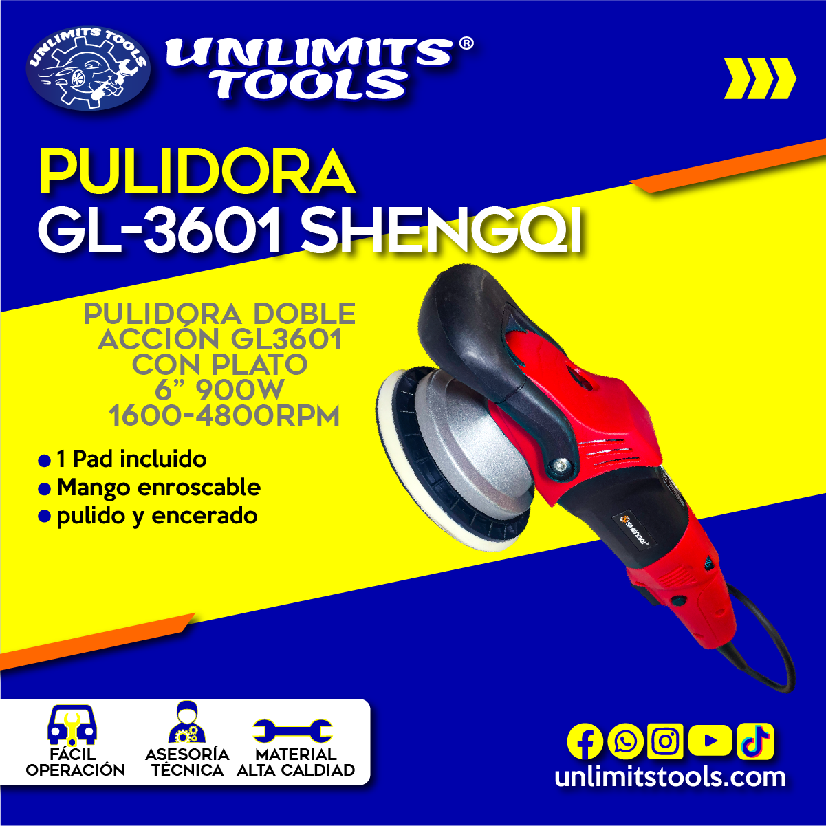 Pulidora Doble Acción GL3601 Con Plato 6" 900w 1600-4800rpm