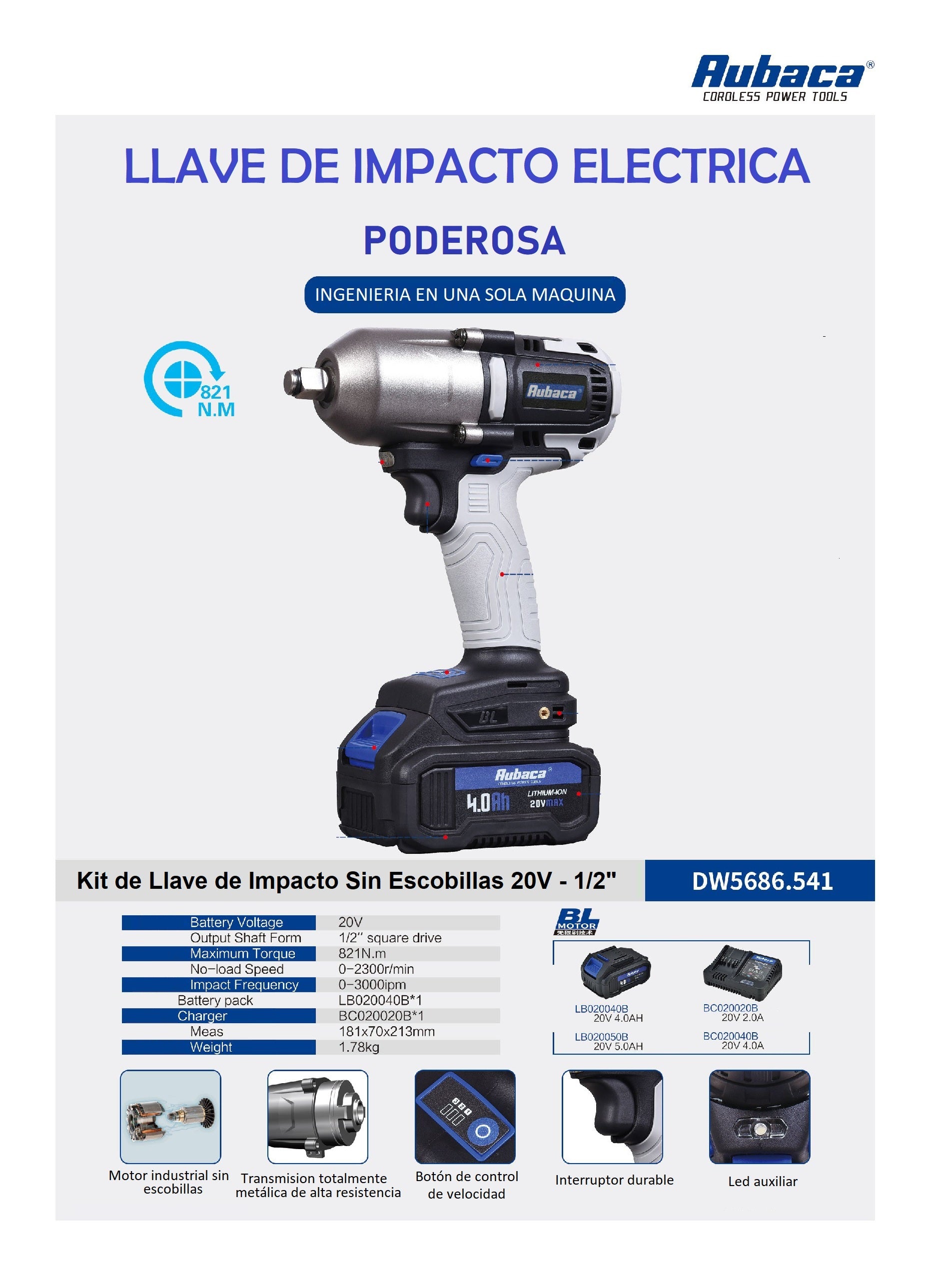 Pistola De Impacto Inalámbrica Recargable 1/2 600 lb-pie Torque