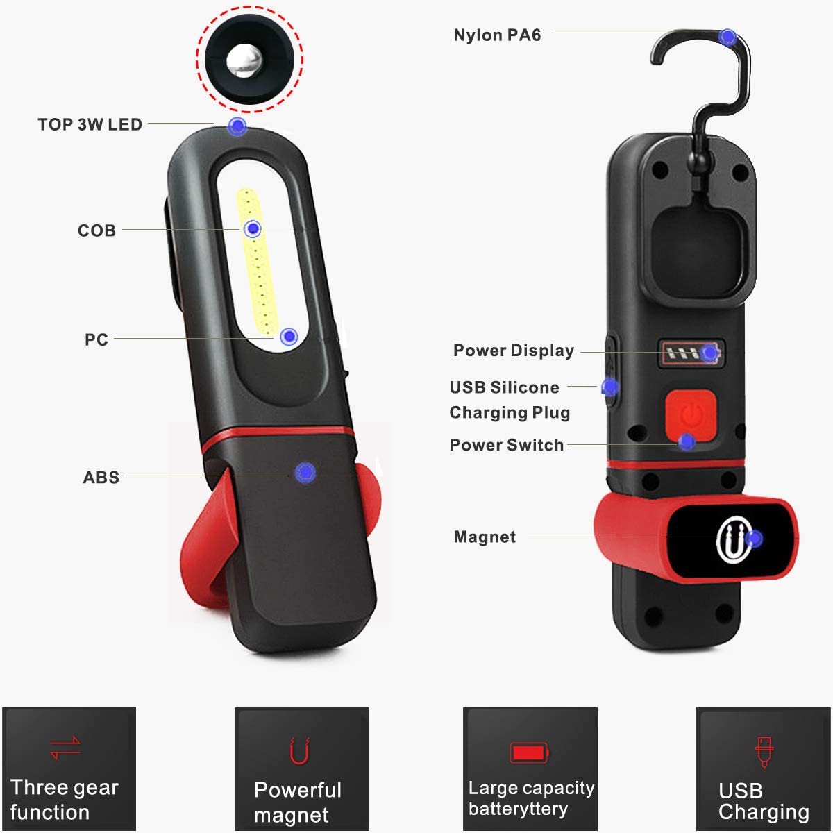 Lámpara Para Taller De Inspección Recargable 300 Lumen + 100 Lumen LED